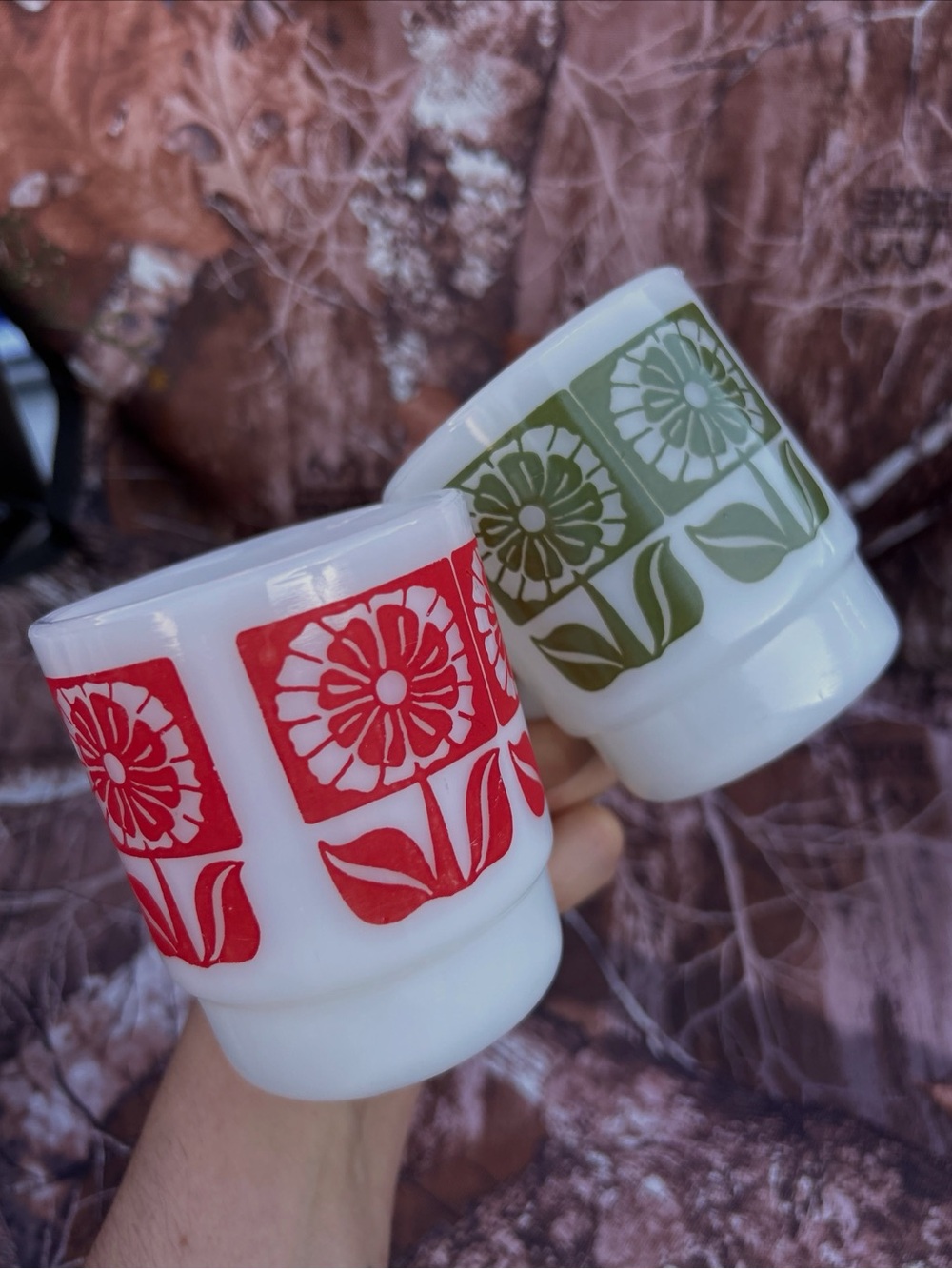 Vintage 1960s–70s Anchor Hocking Fire-King Floral Milk Glass Mugs | Red + Green